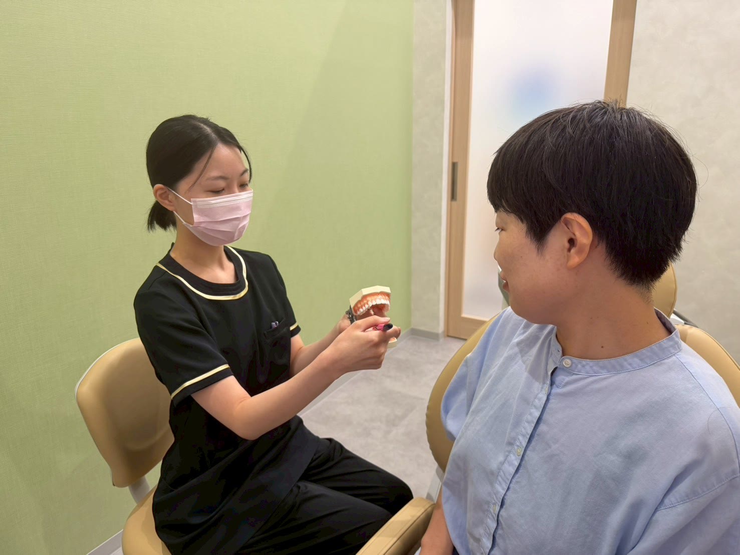 歯の模型を使って磨き方を説明する歯科衛生士